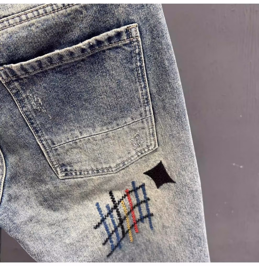Ripped Jeans Men's Summer Trendy Brand Retro Embroidered Casual Pants Student Ruffian Handsome Straight Slim-fitting Pants, Blue 31_viptrois.com