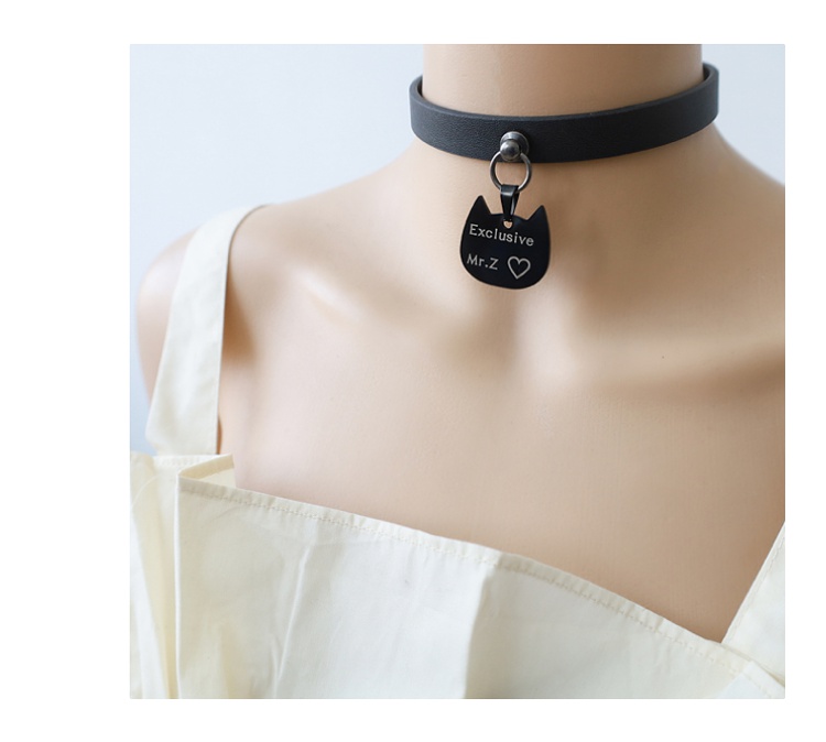 项圈sm刻字蒖皮骨头牌猫头猫爪圆形爱心吊牌狗牌女用带牵引链黑色