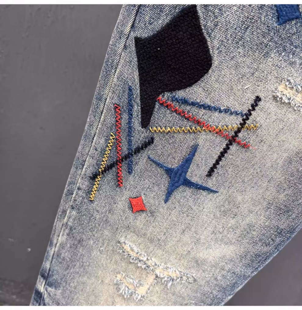 Ripped Jeans Men's Summer Trendy Brand Retro Embroidered Casual Pants Student Ruffian Handsome Straight Slim-fitting Pants, Blue 31_viptrois.com