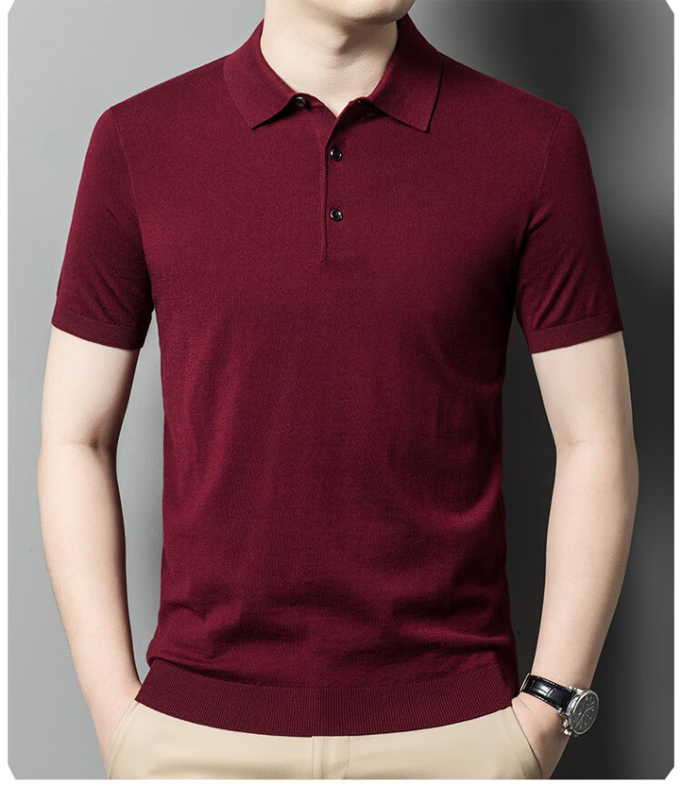 Hengyuanxiang [Contains Wool] Men's Lapel Short-Sleeve Sweater, Middle-Aged Knitted Half-Sleeve Undershirt T-Shirt, Wine Red, L 12