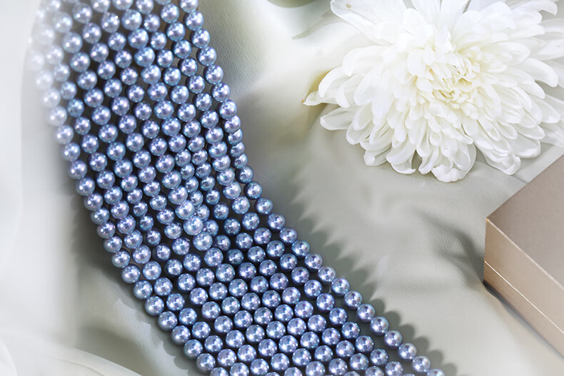 电光蓝 真多麻项链 日本akoya爆闪蓝玫瑰 海水珍珠串链 灰色正圆 8.