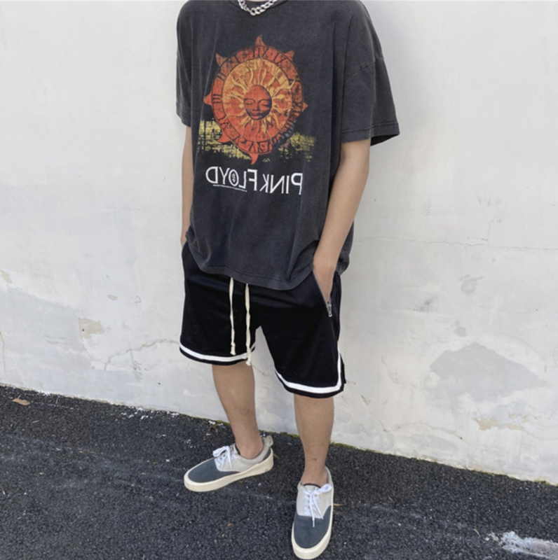 佐倾vtg太阳神pinkfloyd复古潮流男女宽松水洗做旧短袖t恤夏洗水黑s
