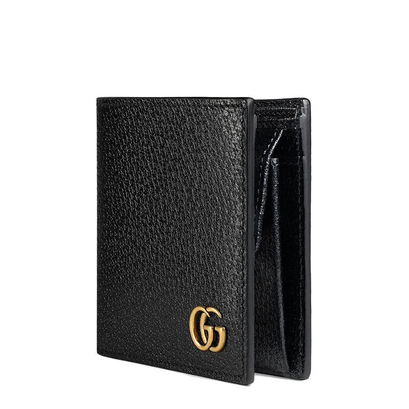 【包税】GUCCI/古驰 经典GG Marmont系列 男士黑色皮革双G金扣带有硬币袋双折钱包428725DJ20T1000