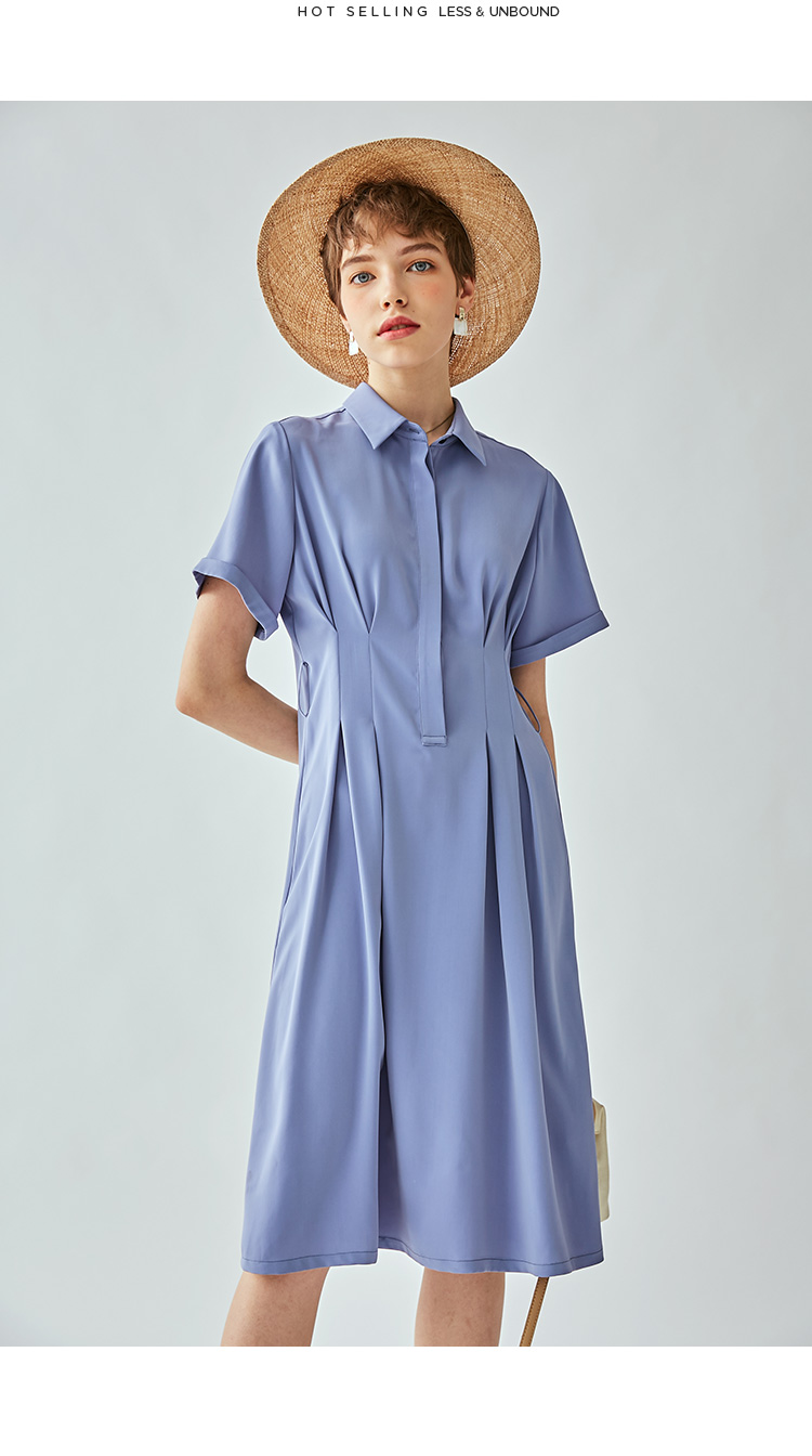 云上生活纯色方领短袖连衣裙女夏中长款大摆裙l3050雾霾蓝紫色m