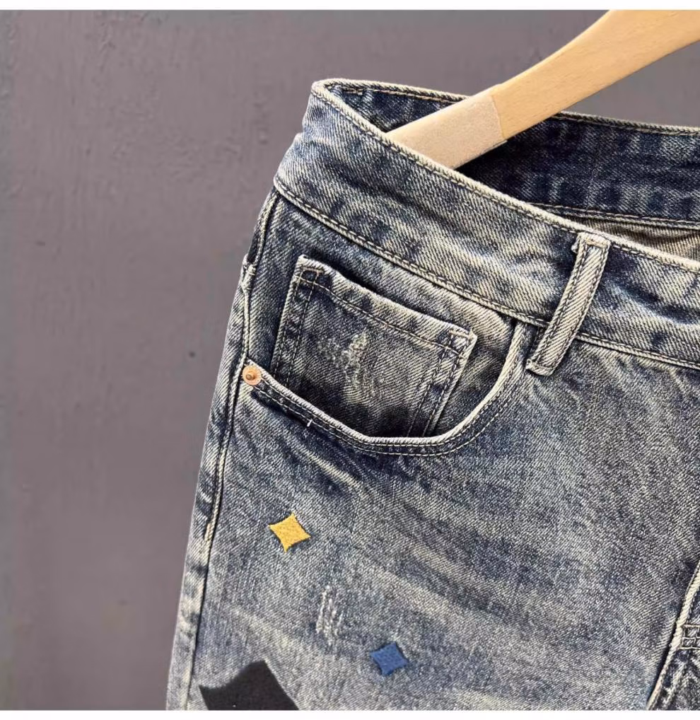 Ripped Jeans Men's Summer Trendy Brand Retro Embroidered Casual Pants Student Ruffian Handsome Straight Slim-fitting Pants, Blue 31_viptrois.com