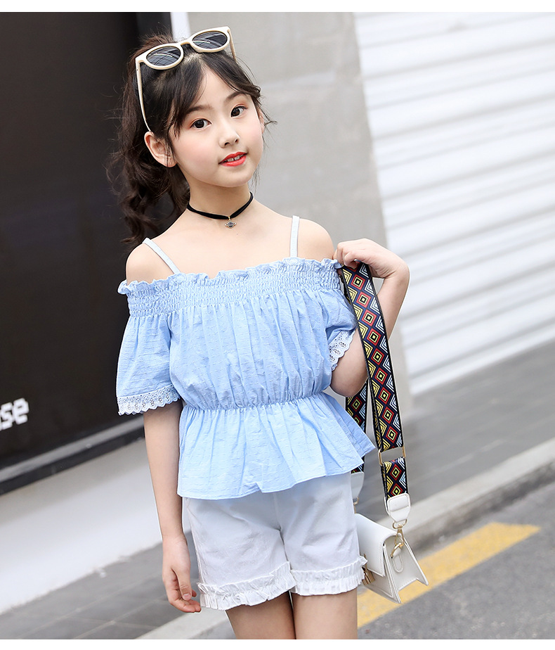 史努比同款童装】咪咪熊女童套装夏装 一字肩上衣露肩短袖灯笼袖韩版