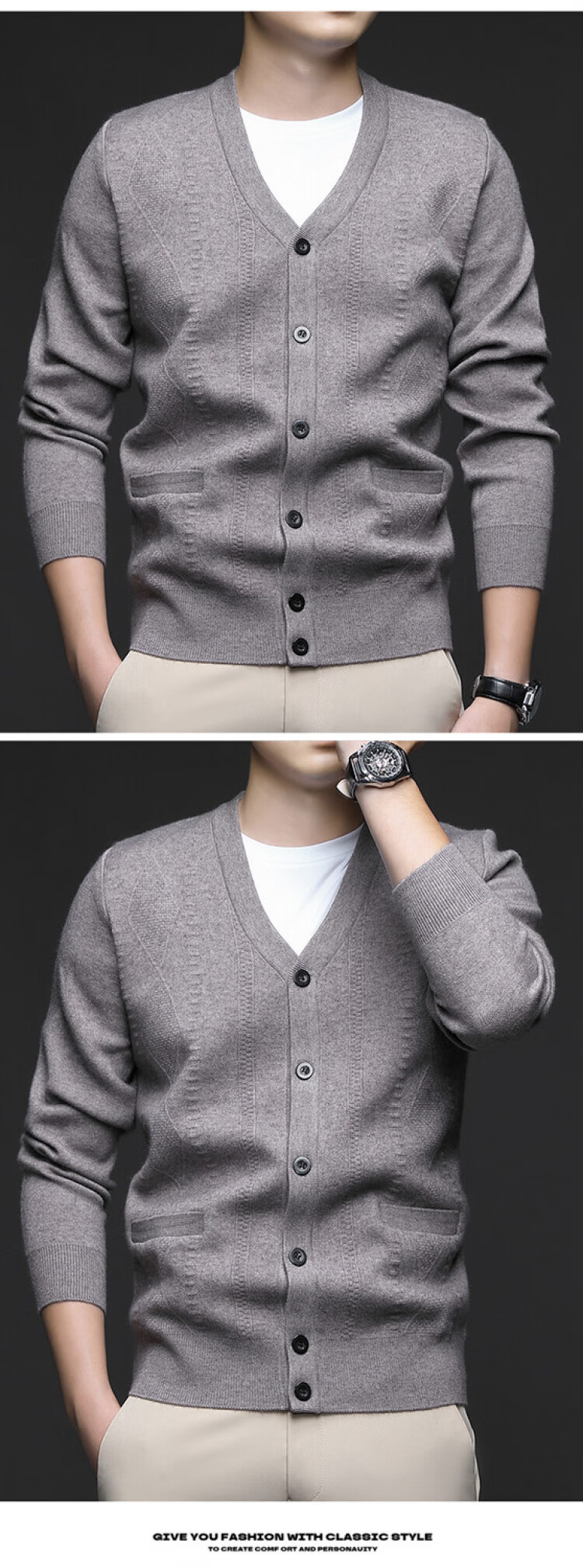 Hengyuanxiang Men's Knitted Cardigan Jacket Autumn Winter Middle-aged Solid Color Long Sleeve V-neck Button Sweater Light Camel L 14