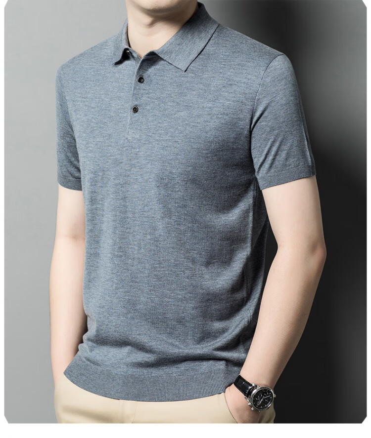 Hengyuanxiang [Contains Wool] Men's Lapel Short-Sleeve Sweater, Middle-Aged Knitted Half-Sleeve Undershirt T-Shirt, Wine Red, L 7