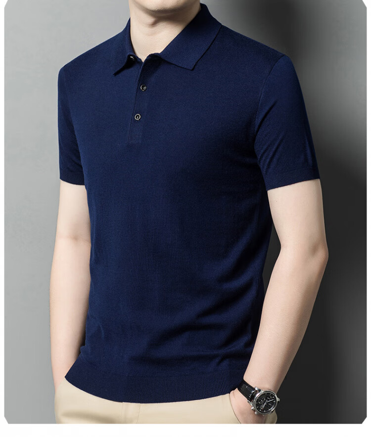 Hengyuanxiang [Contains Wool] Men's Lapel Short-Sleeve Sweater, Middle-Aged Knitted Half-Sleeve Undershirt T-Shirt, Wine Red, L 17