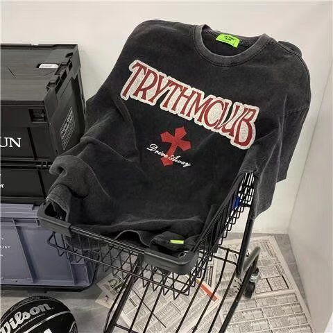 rampage十字玫瑰花水洗做旧t恤女夏季美式复古潮牌oversize上衣服