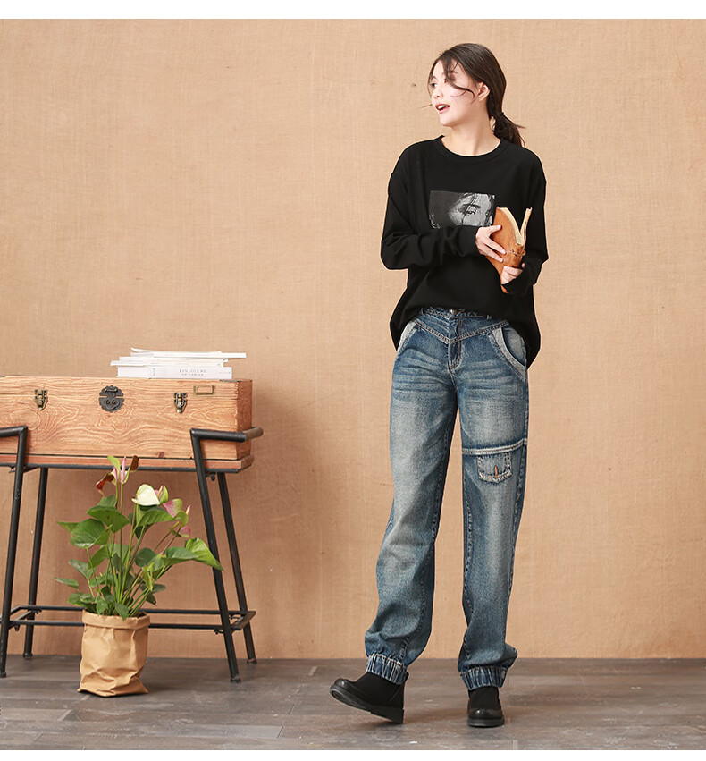 善己复古直筒牛仔裤女宽松阔腿拼接怀旧经典百搭显瘦长裤女灯笼牛仔裤