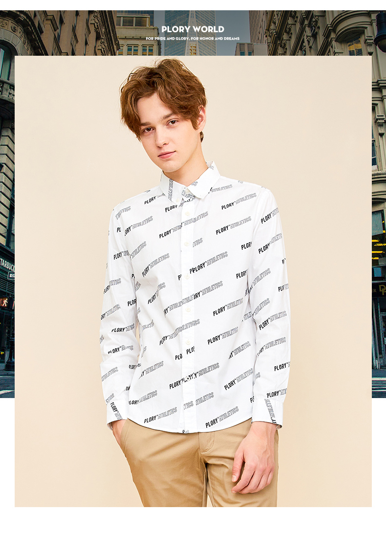 plory男装秋冬新款韩版国潮印花潮牌纯棉长袖衬衫男poyw923002象牙白
