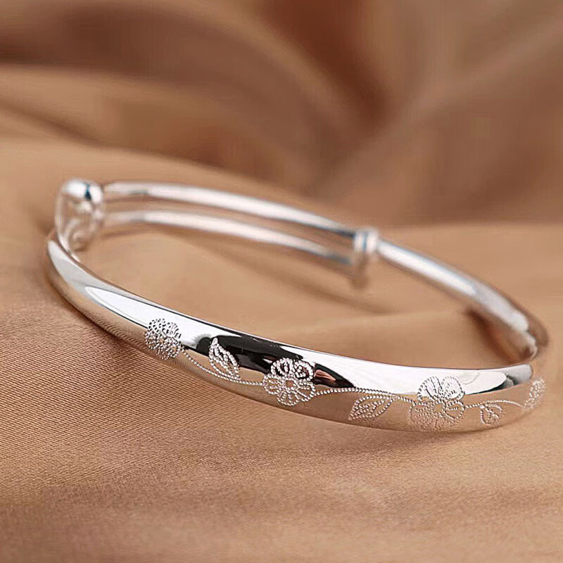 周大福款式 母亲节 9999足银车花银手镯 花朵莲蓬妈妈礼物实心厚肚足