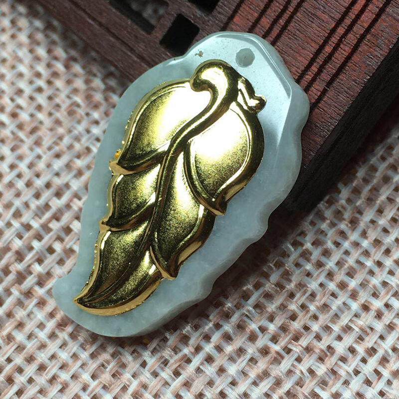 金枝玉叶金镶玉树叶吊坠男女款足金镶叶子玉坠