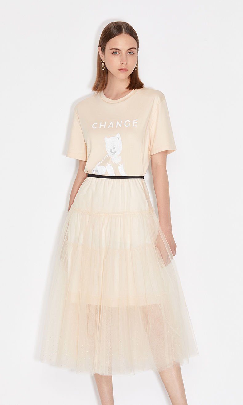 ochirly欧时力2021新款夏装烫钻高腰纱裙a字半身裙中长 浅杏880 s