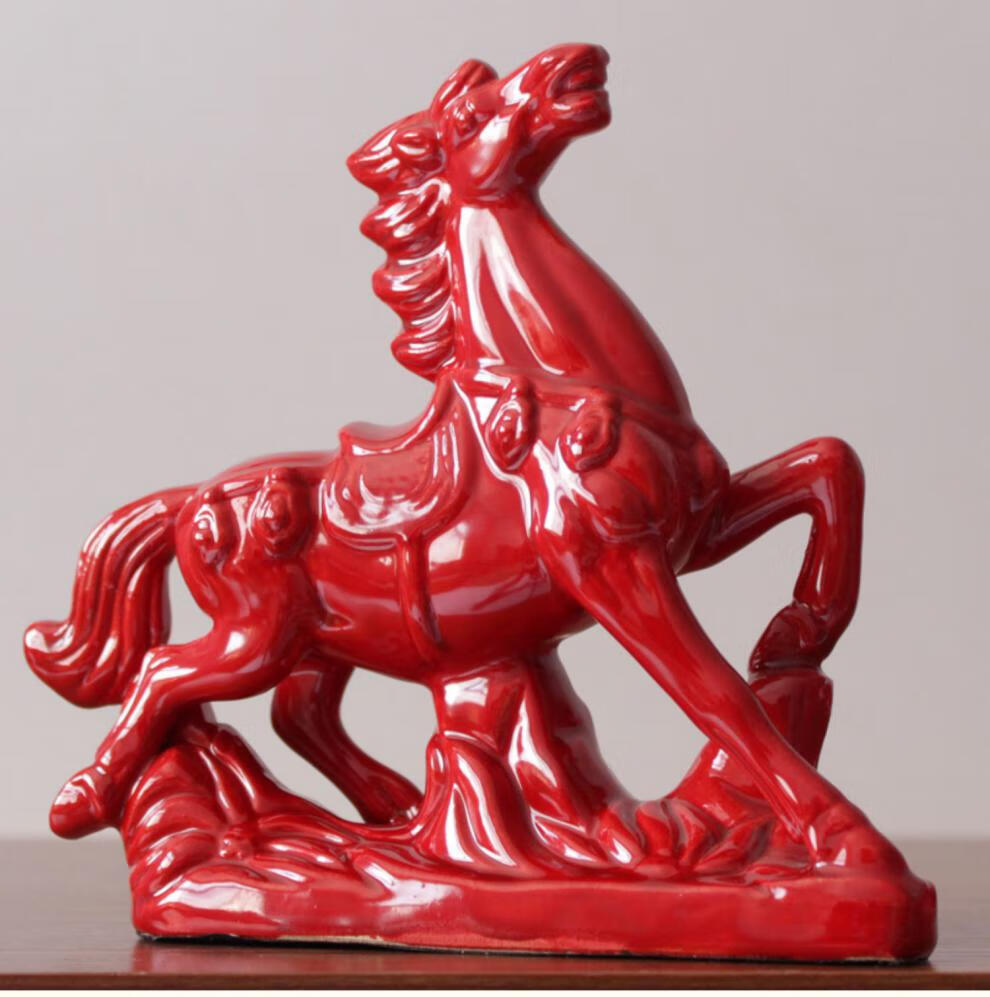 纤雅洁陶瓷红马摆件家居客厅办公室工艺品摆设风水大红色唐三彩马鸿运