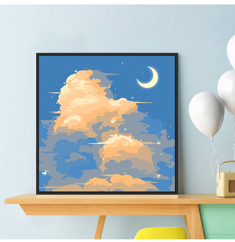 秋夜月风景云天空填色礼物数字油画diy手绘丙烯油彩画手工装饰画 nx