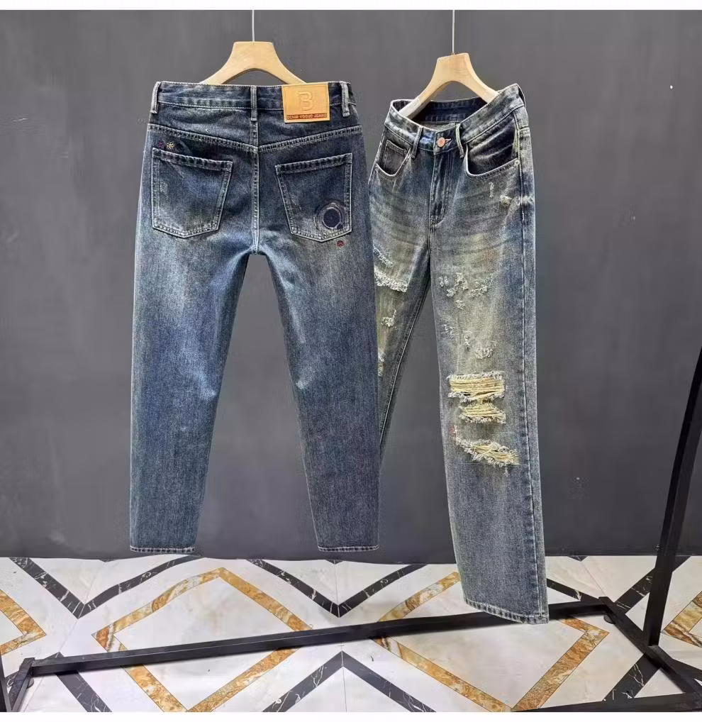 Men's Blue Ripped Patch Jeans American Retro Style Straight Fit_voghion.com