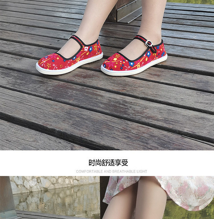 贤语手工女士布鞋方口搭袢妈妈鞋老北京平底搭扣广场舞牛筋底老式单鞋
