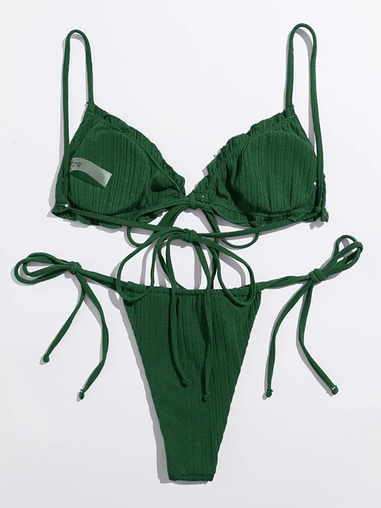 趣得比基尼一根绳新款比基尼泳装欧美性感三角包绑带分体泳衣墨绿色s