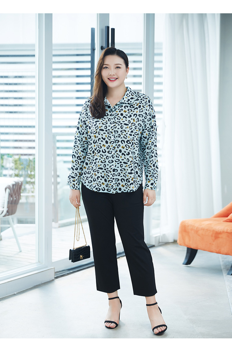 纤麦大码女装长袖雪纺衬衫女新款秋装时尚豹纹衬衫胖mm休闲百搭印花