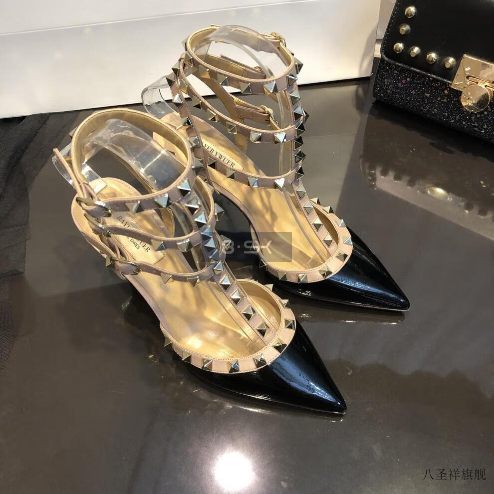 鞋 2022年春季尖头铆钉高跟鞋女细跟一字扣带凉鞋女柳丁婚鞋中跟单鞋