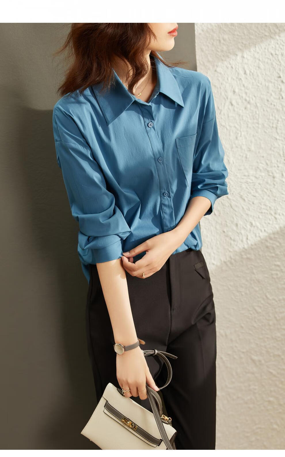 孔雀蓝衬衫女2021早秋新款上衣职业气质衬衣欧货宽松长袖f8690孔雀蓝m