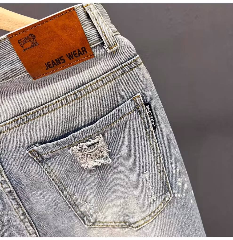 Ripped Nine-point Jeans Men's Summer Trendy Brand Elastic Straight Slim-fitting Pants Korean Version Of Student Ruffian Casual Pants, Blue 33_mkmklike.com