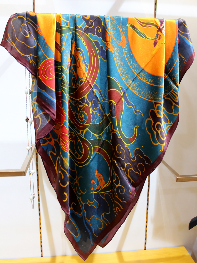 敦煌飞天祥云中国风真丝丝巾素缎110大方巾杭州礼品披肩围巾女士敦煌