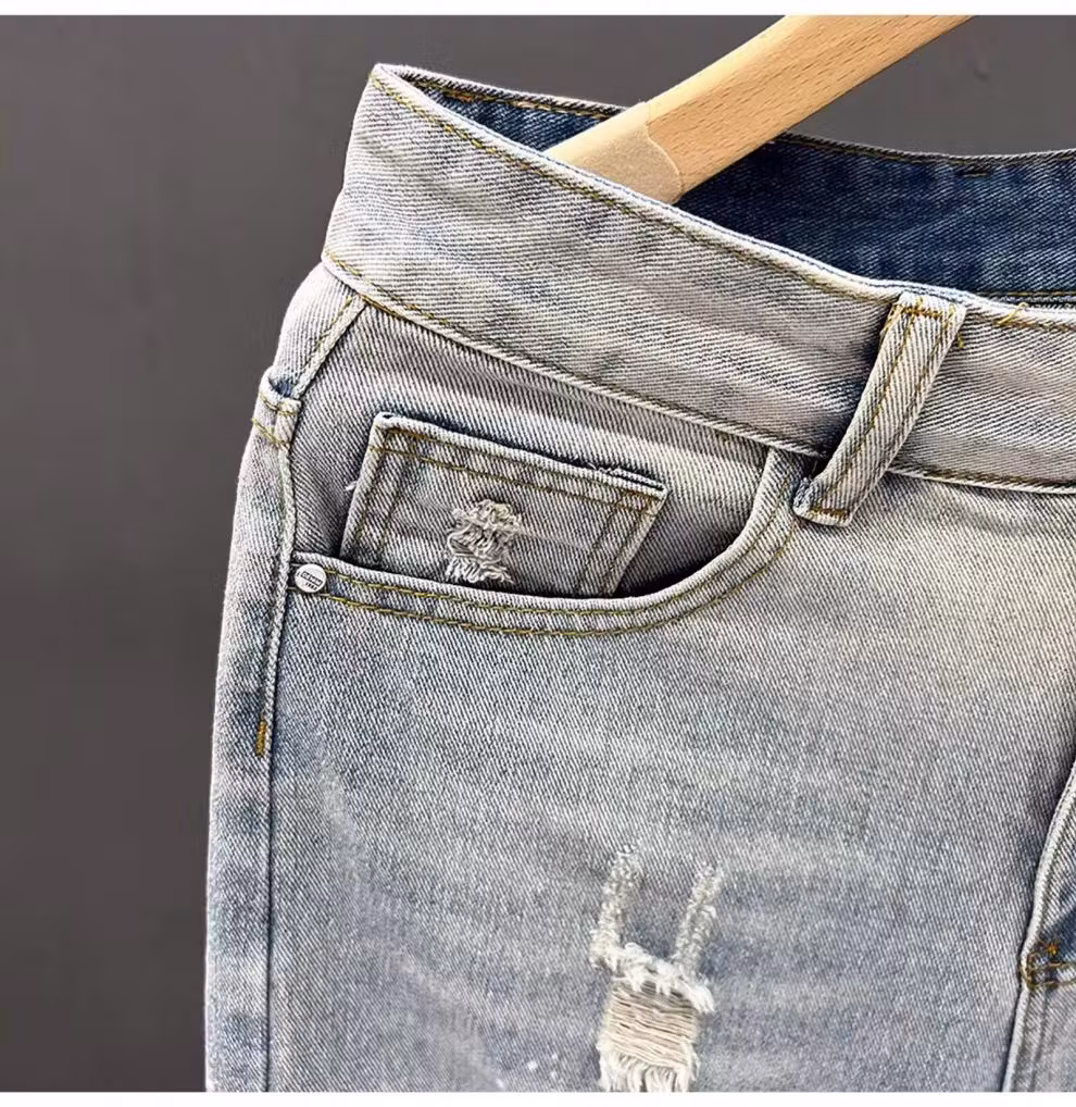 Ripped Nine-point Jeans Men's Summer Trendy Brand Elastic Straight Slim-fitting Pants Korean Version Of Student Ruffian Casual Pants, Blue 33_mkmklike.com