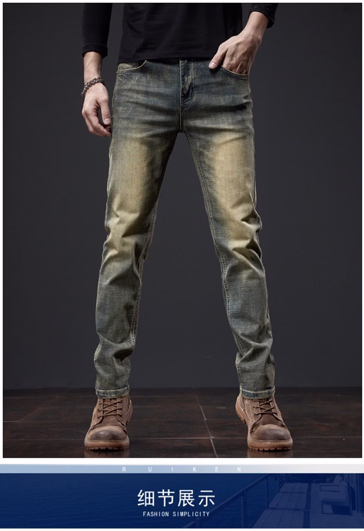 High-end Retro Jeans Men's 2026 New Yellow Mud Dyed Washed Old Casual Pants Straight Slim-fitting Pants, Blue 28_viptrois.com