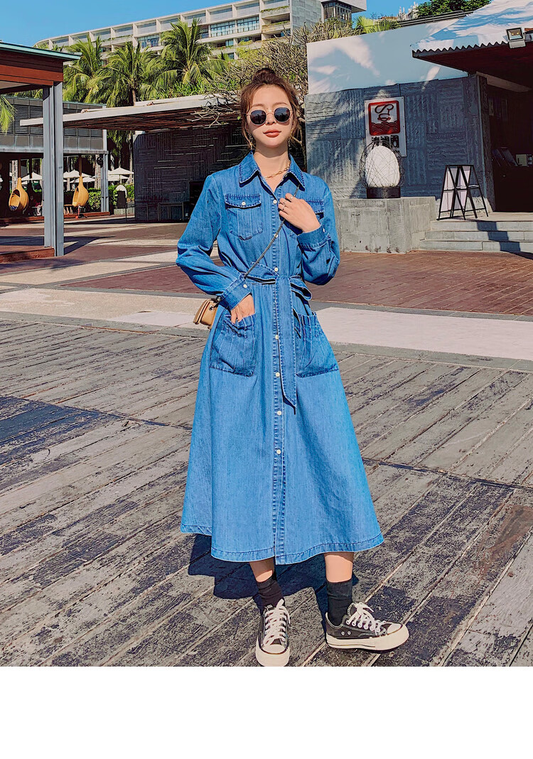 麦欧驰牛仔连衣裙2021秋季大口袋过膝长款a字裙法术水洗牛仔裙图片色s