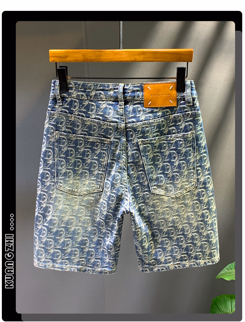 American Retro Full-print Denim Shorts Men's Summer Trendy Brand Handsome Casual Five-point Pants Teenagers Medium Pants, Blue-gray 28_mkmklike.com