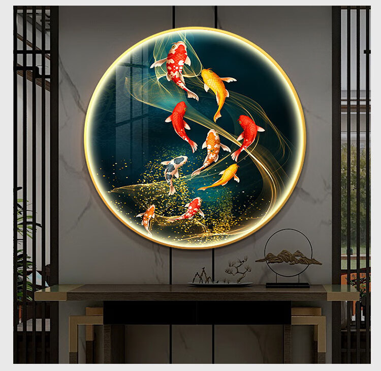 鱼图立体 抽象线条3d立体装饰画客厅卧室玄关发光九鱼图荷花锦鲤挂画