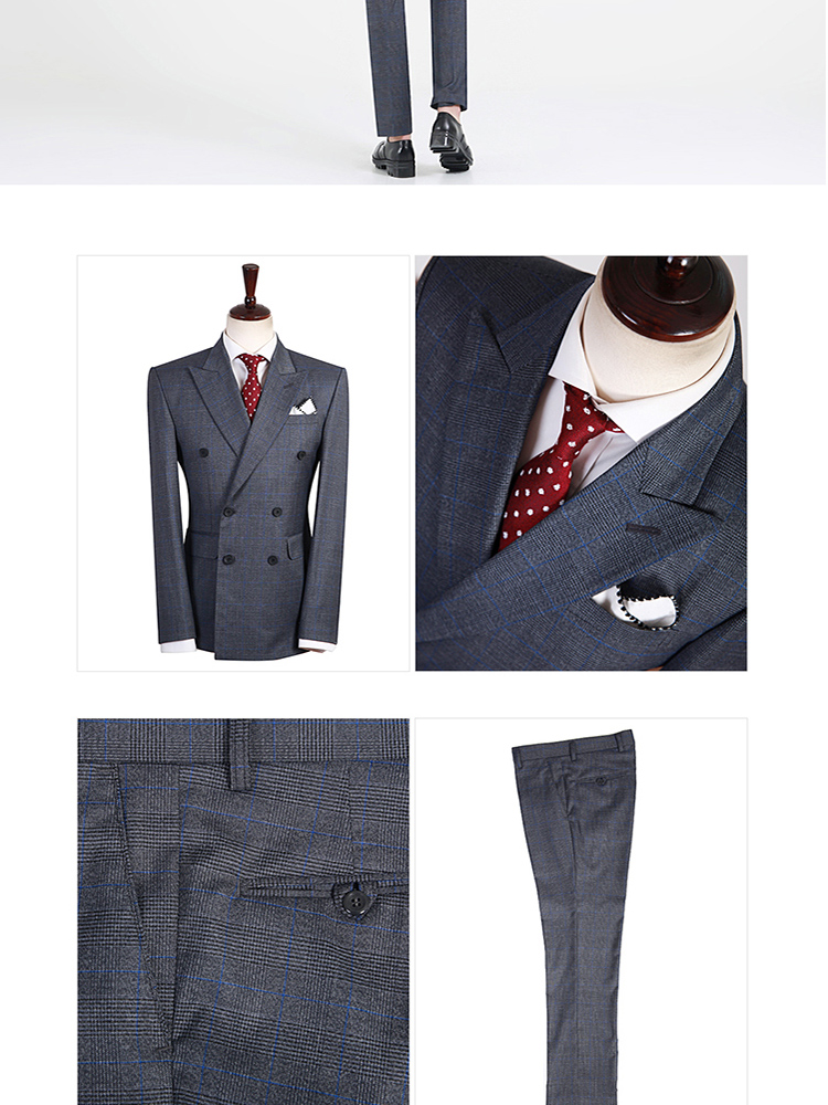 量身定制男士西服套装灰色暗格子双排扣西装商务休闲结婚礼服定做定制