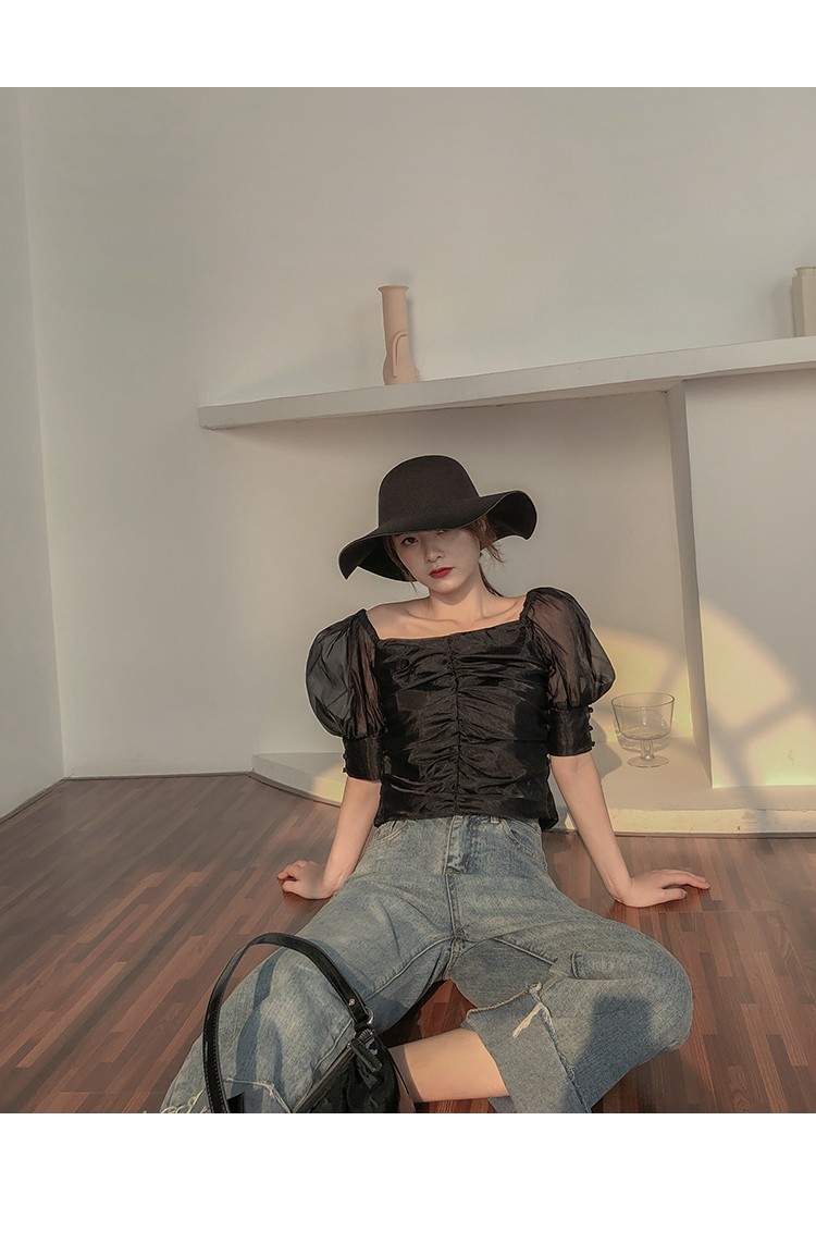 灯笼袖宫廷风t恤女夏超仙方领一字肩泡泡袖短款上衣 黑色 【款】 s
