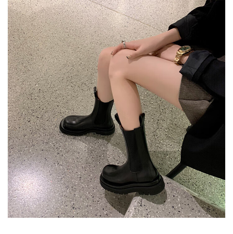 马丁靴女mona真皮内增高马丁靴女小个子英伦风中筒烟筒靴厚底切尔西短