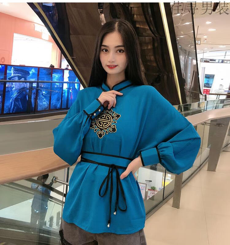 蒙古袍短款蒙古服上衣女蒙古元素现代改良生活装t恤日常夏季衬衫 白色