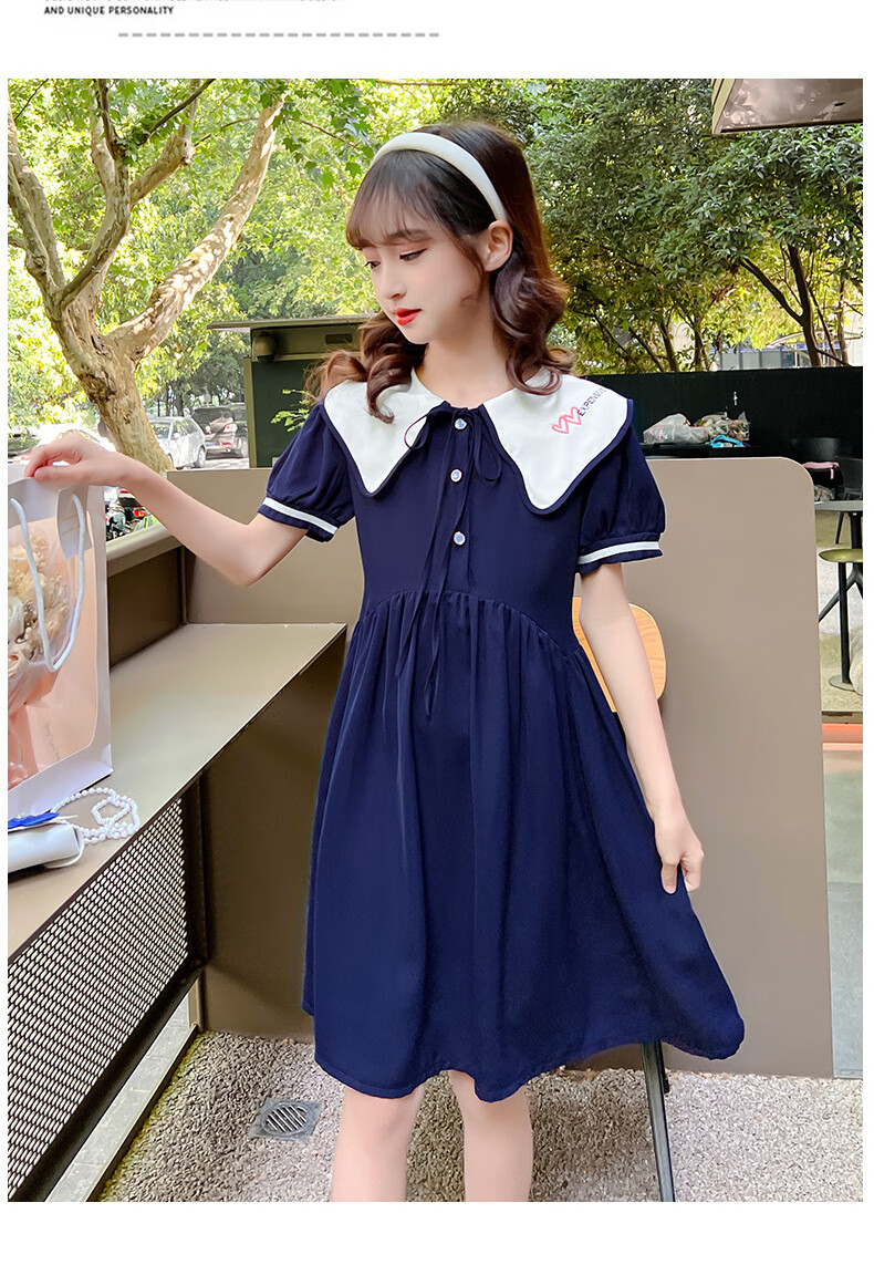 萌菲思女童连衣裙2022夏季新款洋气8-12岁女大童韩版休闲时髦翻领小