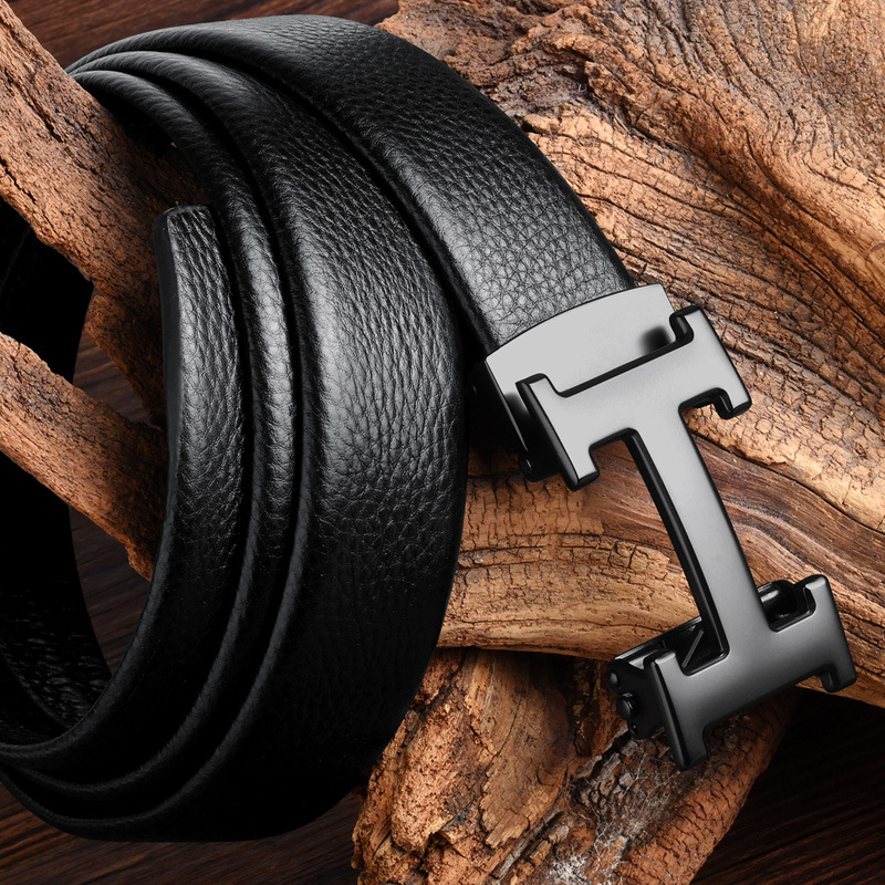 官方工字扣包边牛皮自动扣皮带男士商务休闲裤腰带青年时尚酷奇金色