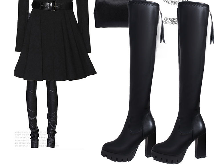 冬季新款粗跟过膝靴韩版百搭女皮靴女靴子高跟加绒性感显瘦高筒靴黑色