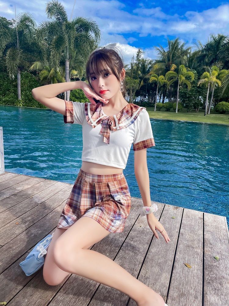 jk制服女夏可爱日系网红新款保守裙子显瘦小胸超仙气泳装青春期淡粉色