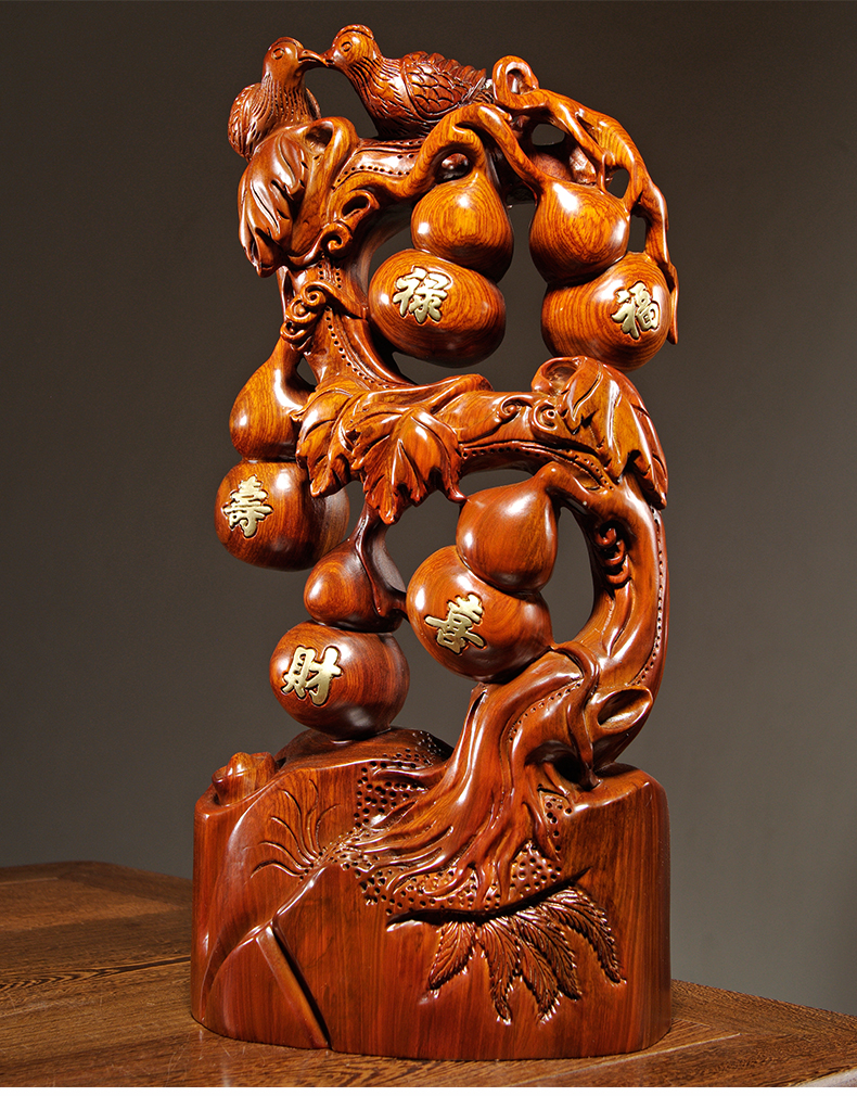 黛安缇花梨木雕刻福禄寿喜财葫芦五福临门摆家居客厅玄关装饰红木工艺