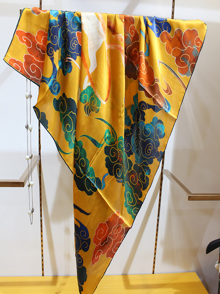 敦煌飞天祥云中国风真丝丝巾素缎110大方巾杭州礼品披肩围巾女士敦煌