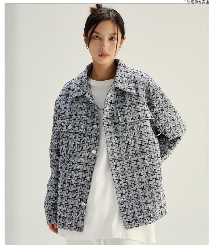 king prince秋季格纹高街小众小香风外套短款男潮牌夹克 蓝色 m xl