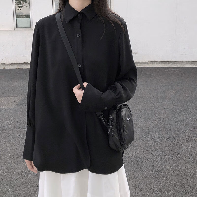 垂感中长款黑色衬衫外套女长袖宽松百搭港风冷淡风衬衣潮秋冬 黑色 s