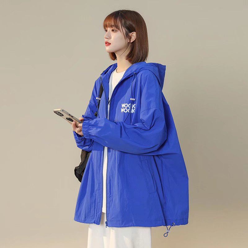 冰丝薄款防晒衣女夏季新款ins潮时尚宽松百搭连帽防晒服户外外套 蓝色