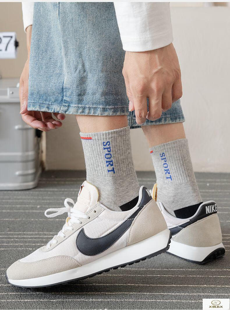 xblgx 袜子男纯色春秋长袜男士中筒sport篮球运动袜男袜 蓝白 【5双】