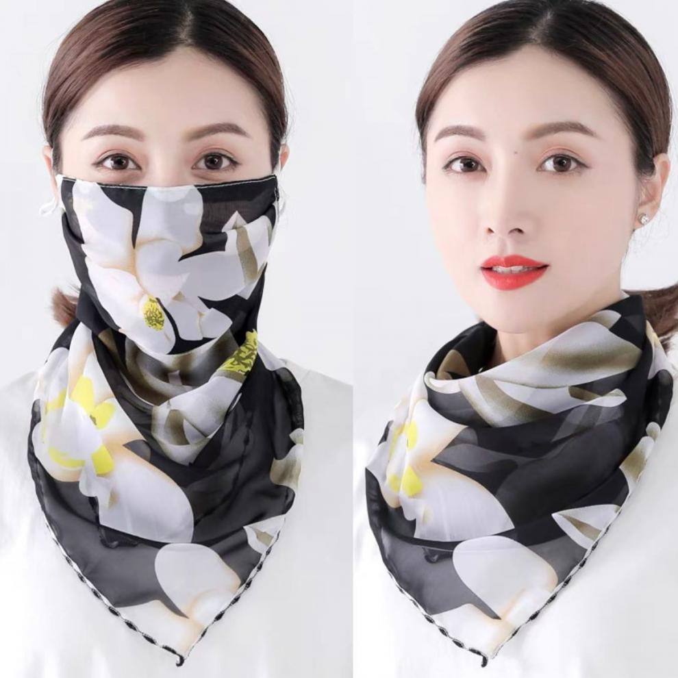 雪纺防晒面纱女夏季面罩丝巾面部遮脸薄款遮阳护颈挂耳围脖米色碎花