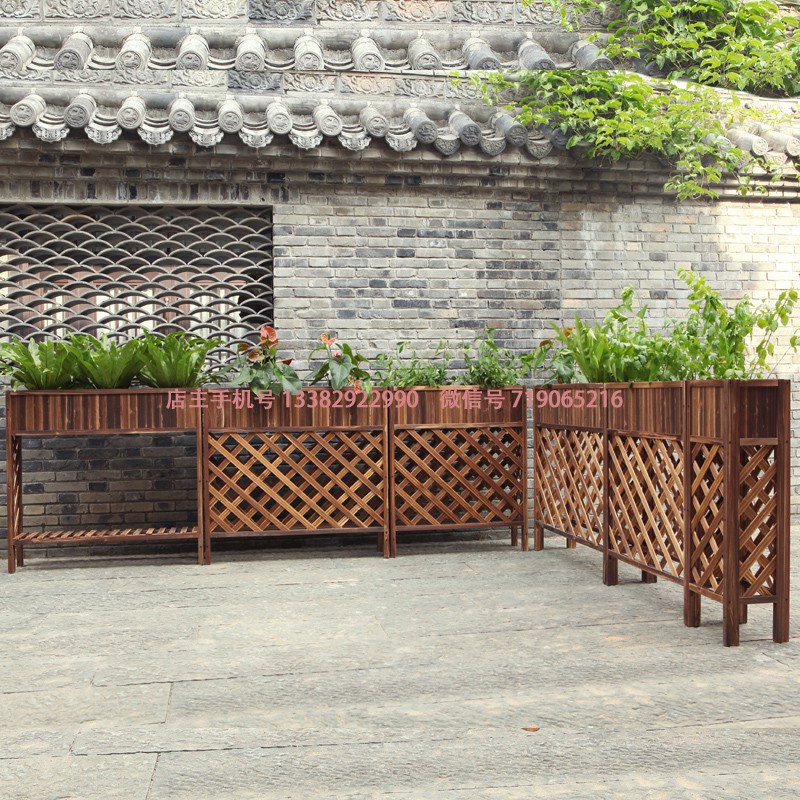 栅栏花盆防腐木花箱碳化木质花架复古怀旧花槽阳台栏杆花格长方形 30*